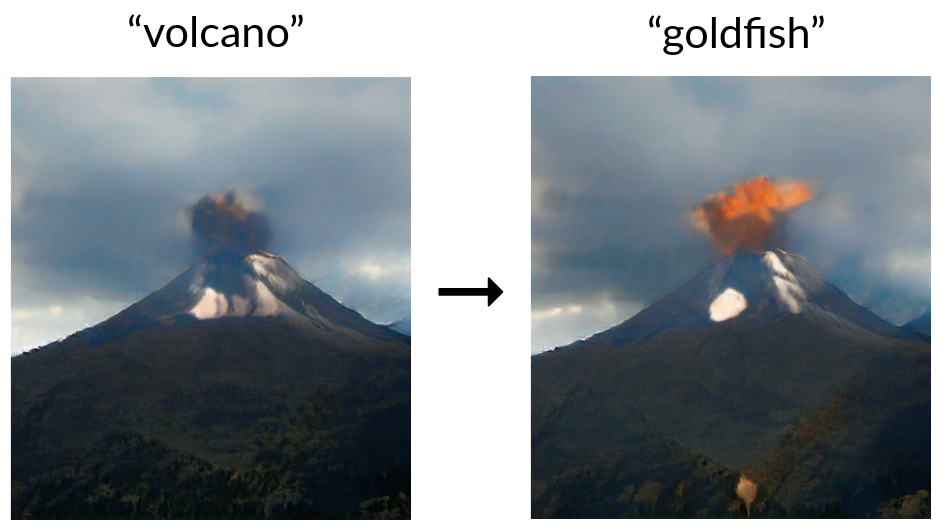 A volcano image perturbed until a classifier labels it a goldfish
